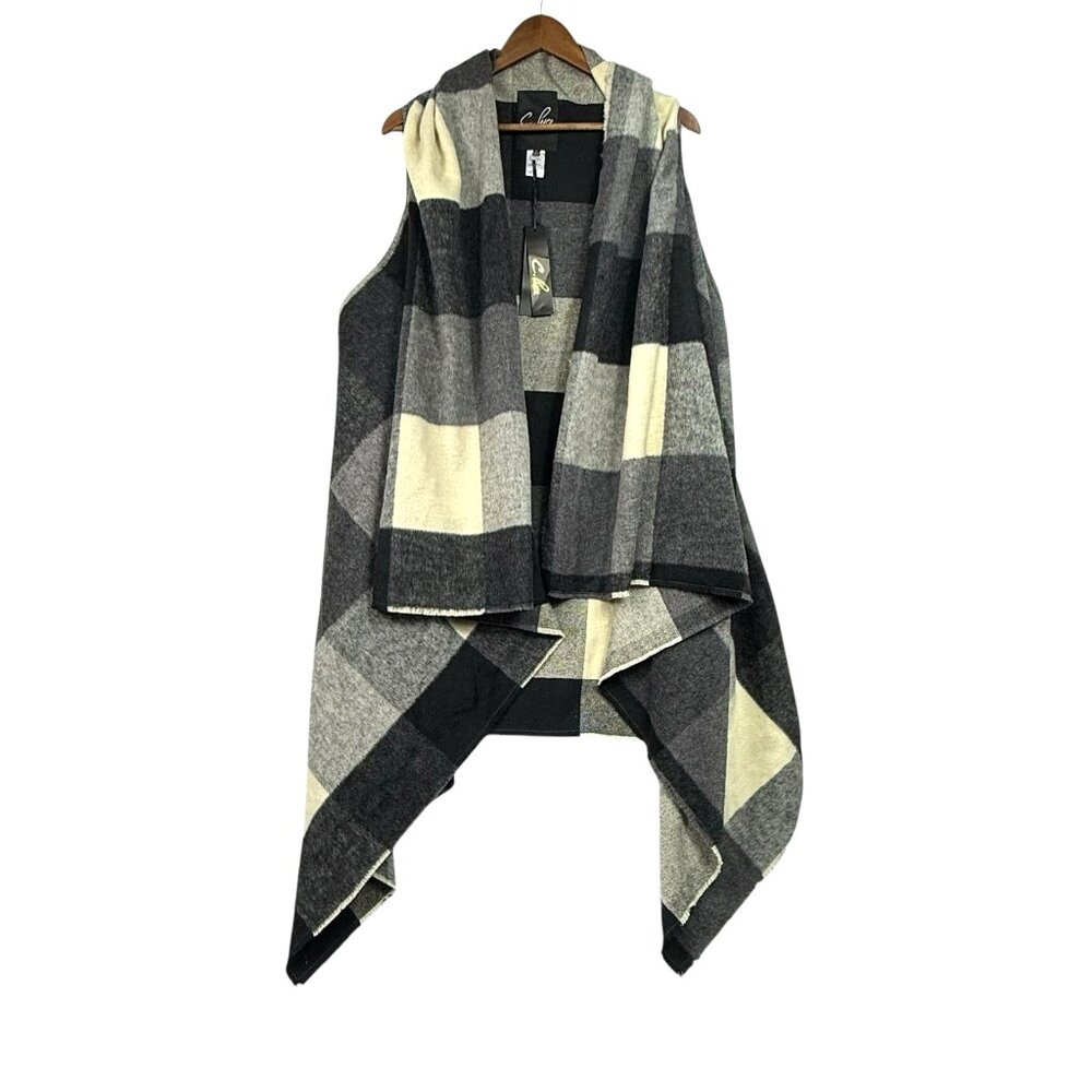 C Luce Buffalo Plaid Wool Blend Blanket Shawl Sz Medium Open Waterfall Vest NWT
